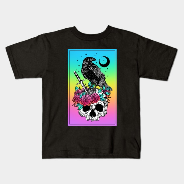 Crow with skull Kids T-Shirt by OccultOmaStore